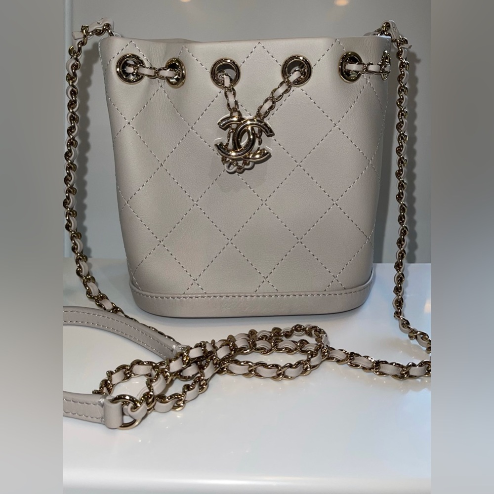 Chanel
Gray Quilted Calfskin Mini Drawstring Bucket Bag Gold Hardware, 2019